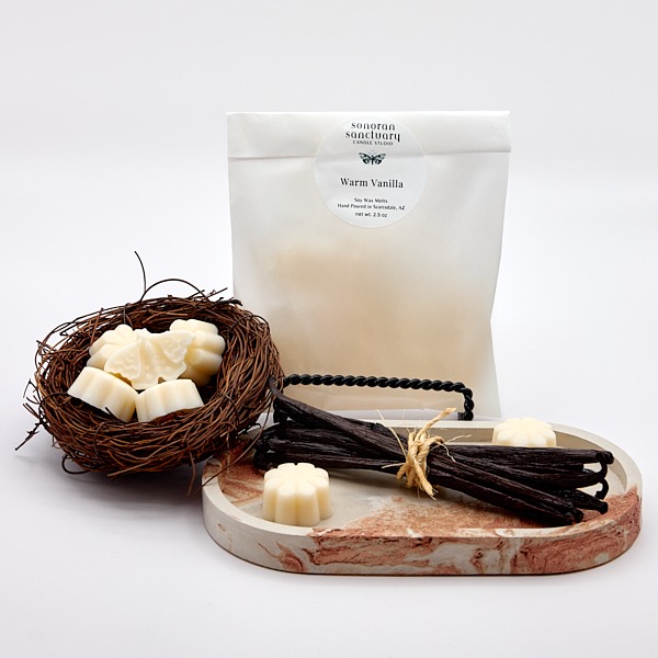 Warm Vanilla Soy Wax Melts with vanilla bean styling and wax melt flowers