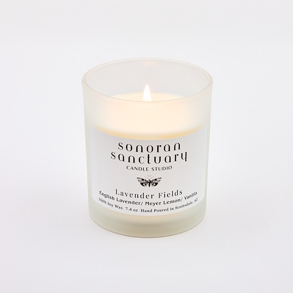 Lavender Fields Tumbler Candle with lit wick