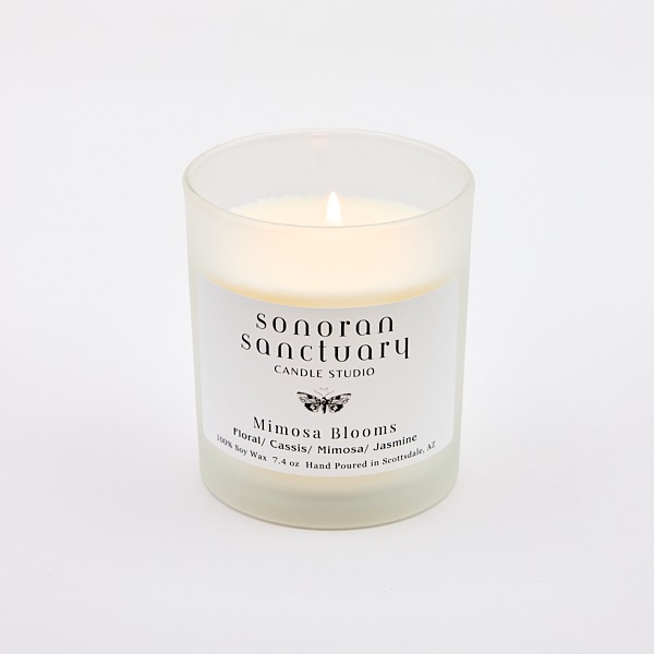 Mimosa Blooms Tumbler Candle with lit wick