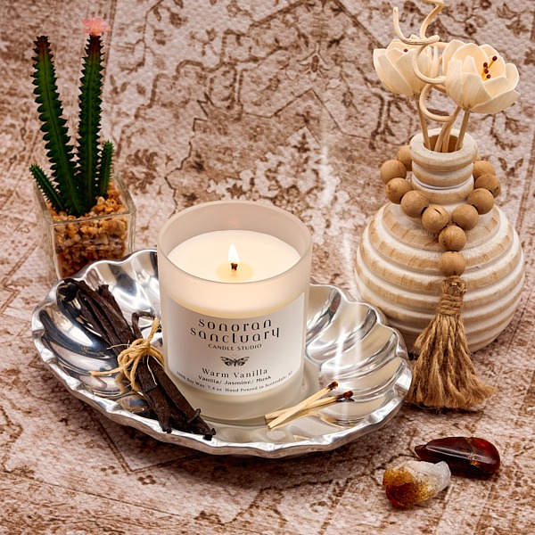 Warm Vanilla Tumbler Candle with vanilla bean and desert-inspired styling
