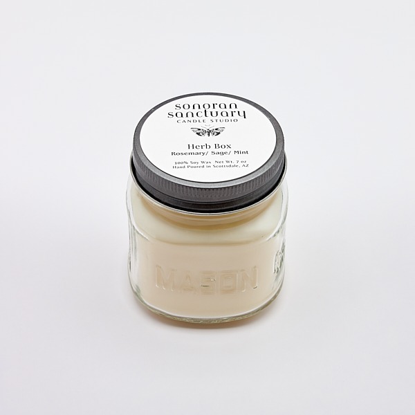 Herb Box Kitchen Candle in glass mason jar with black lid