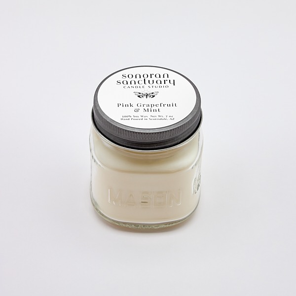Pink Grapefruit & Mint Kitchen Candle in glass mason jar with black lid