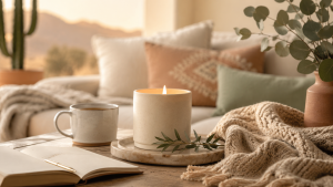 Hand-poured soy candle glowing beside a journal, tea mug, and cozy home decor