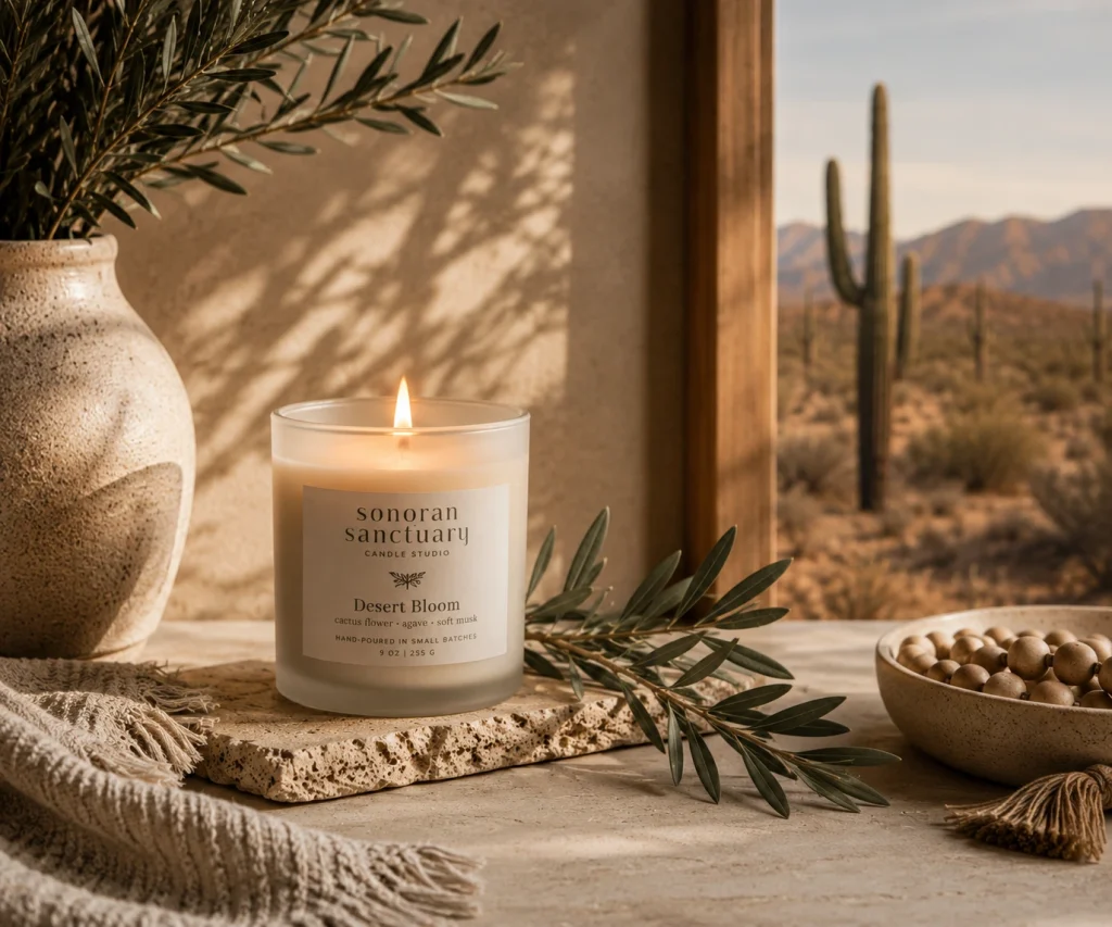 Luxury hand-poured soy candle by Sonoran Sanctuary Candle Studio with warm desert-inspired styling