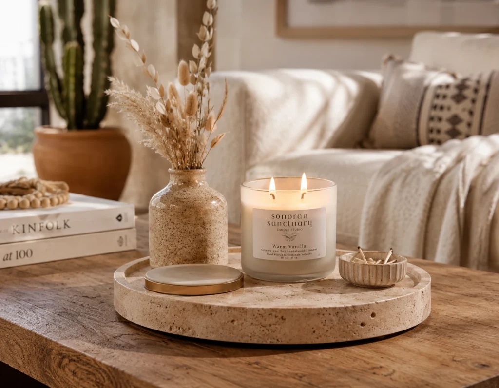 Luxury soy candle styled in a warm desert-inspired living space by Sonoran Sanctuary Candle Studio