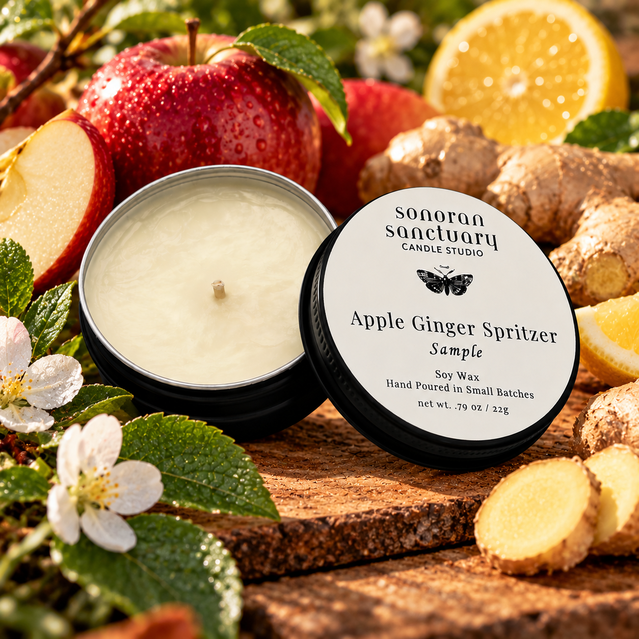 Sonoran Sanctuary Apple Ginger Spritzer soy candle sample tin with branded lid, styled with red apples, fresh ginger, citrus and natural greenery