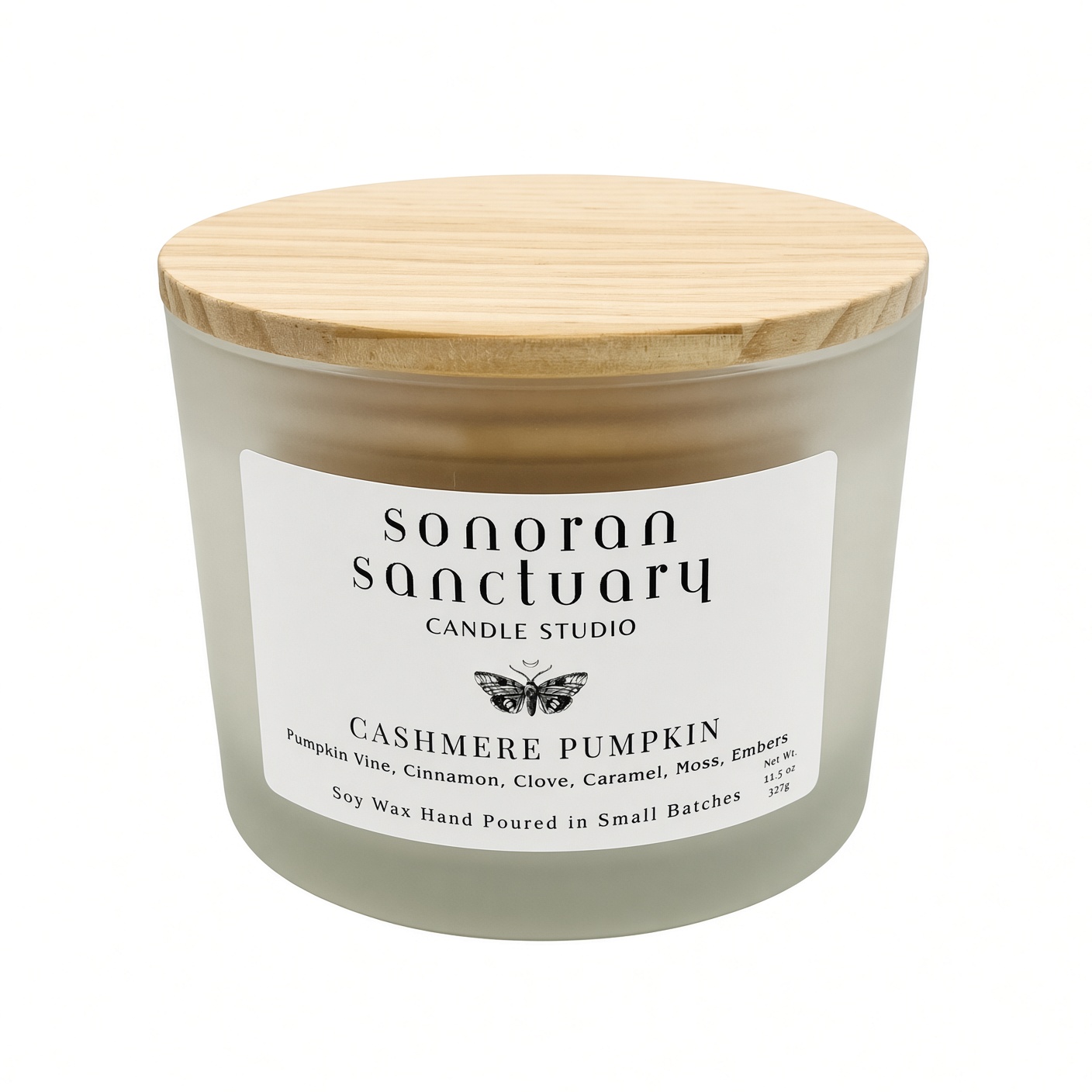 Cashmere Pumpkin 11.5 oz double-wick soy candle with natural pine lid