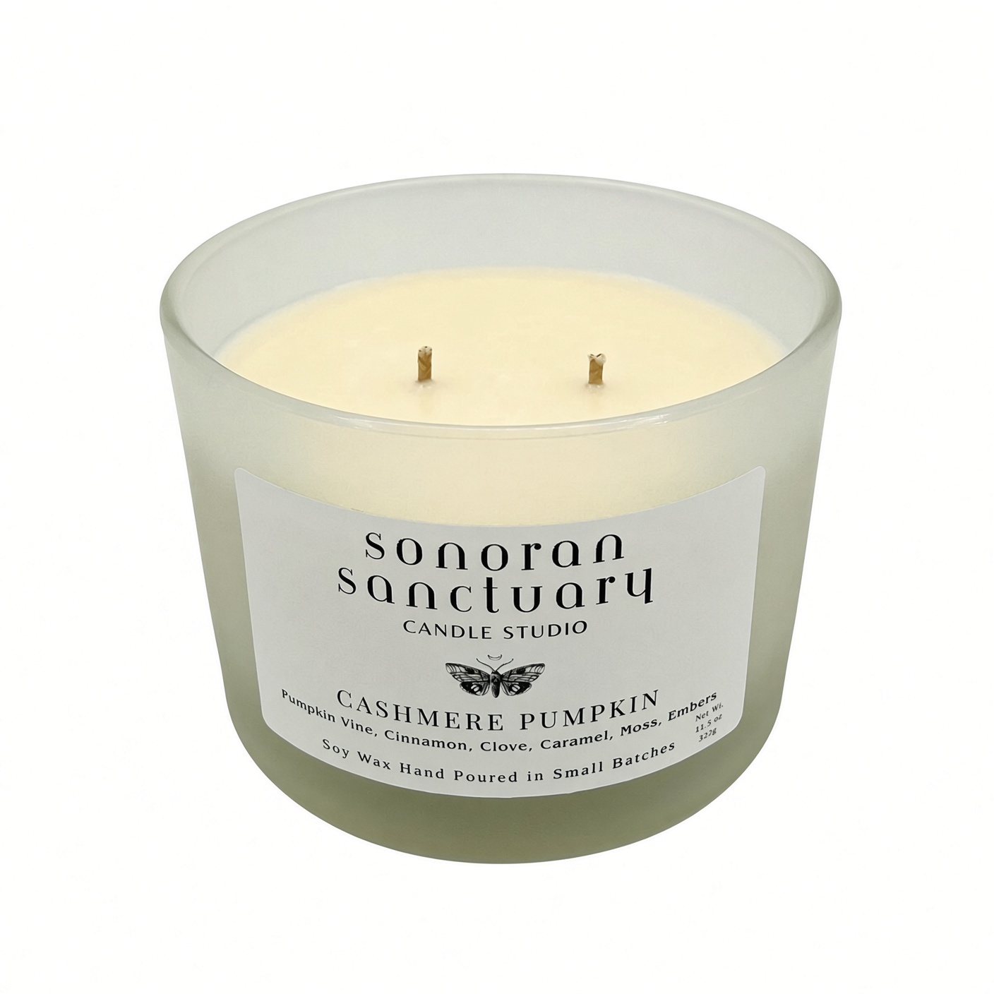 Cashmere Pumpkin 11.5 oz double-wick soy candle in a frosted glass tumbler by Sonoran Sanctuary