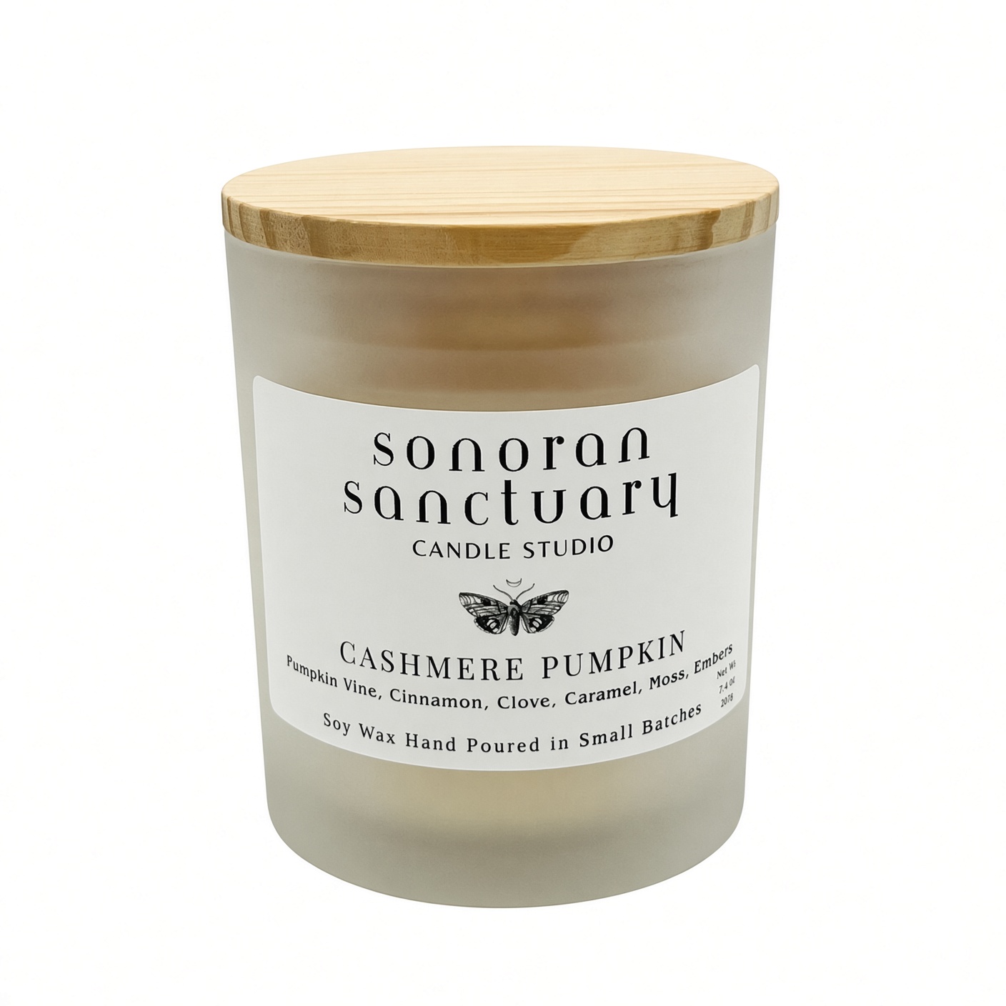 Cashmere Pumpkin 7.4 oz single-wick soy candle with natural pine lid