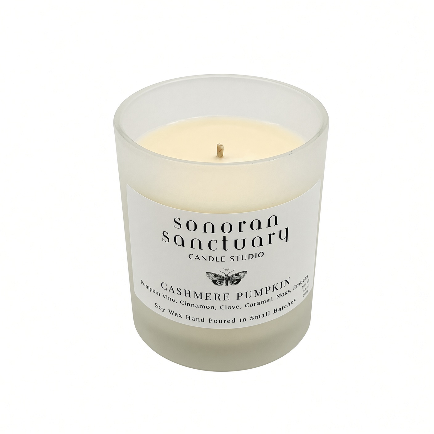 Cashmere Pumpkin 7.4 oz single-wick soy candle in a frosted glass tumbler by Sonoran Sanctuary