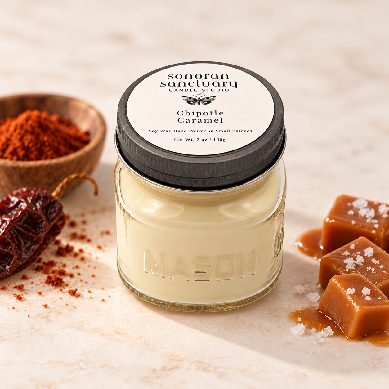 Sonoran Sanctuary Chipotle Caramel kitchen soy candle in a glass mason jar with black lid, styled with dried chipotle peppers, warm spices and golden caramel