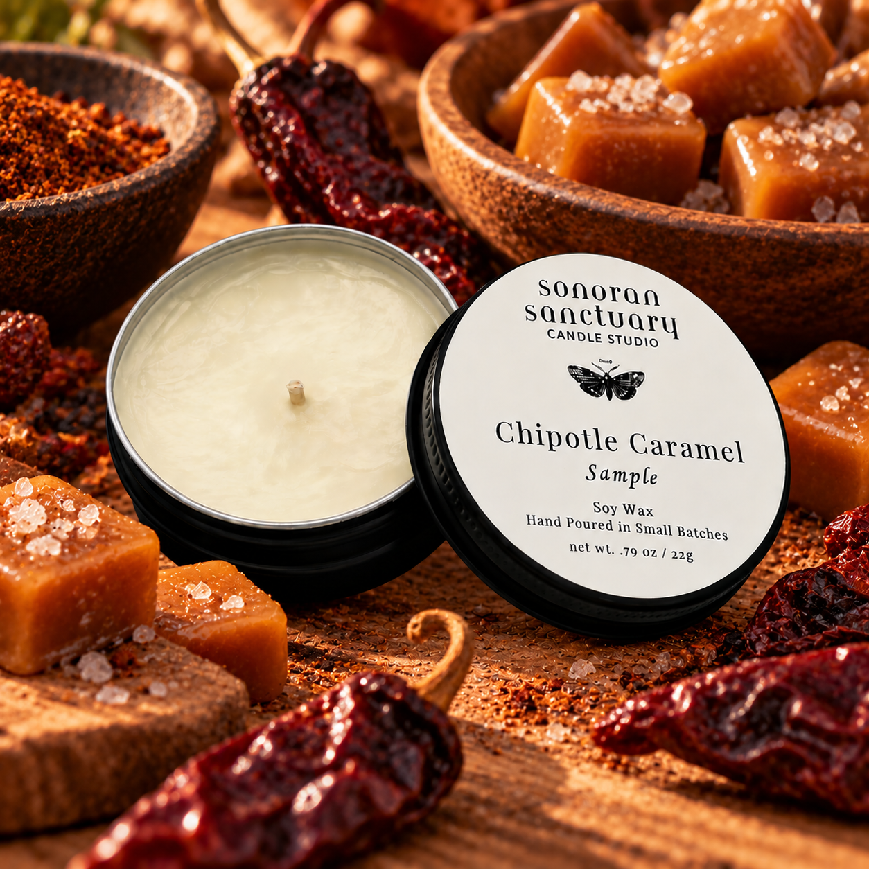Sonoran Sanctuary Chipotle Caramel soy candle sample tin with branded lid, styled with golden caramel, dried chipotle peppers and warm spices