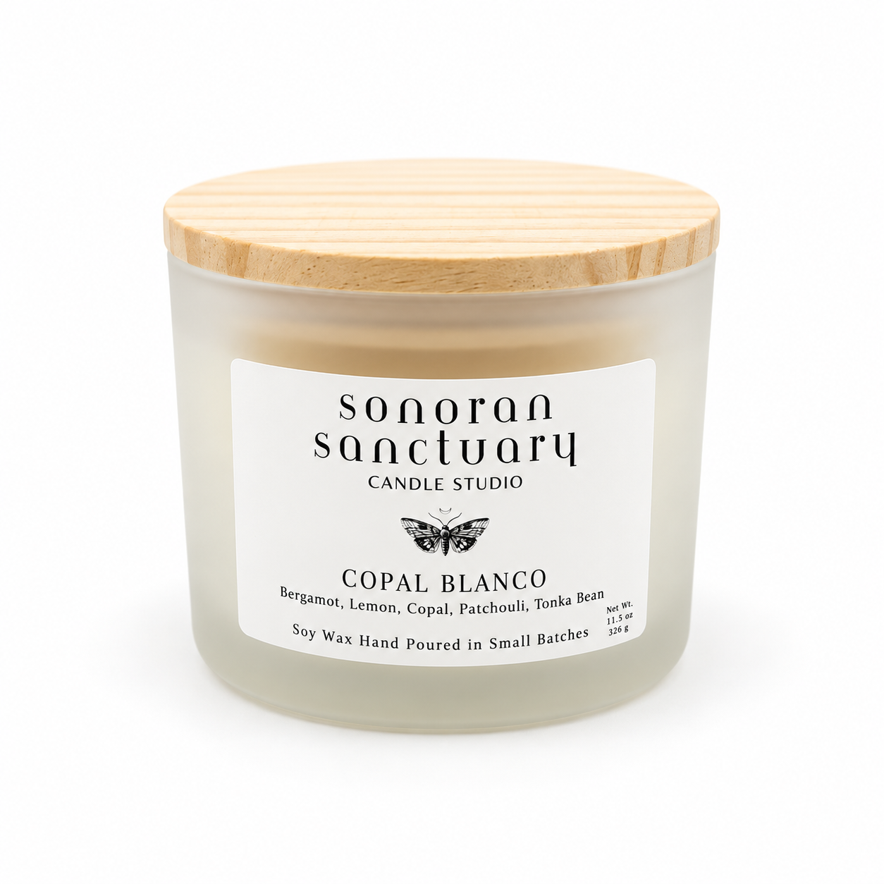 Copal Blanco 11.5 oz double-wick soy candle with natural pine lid