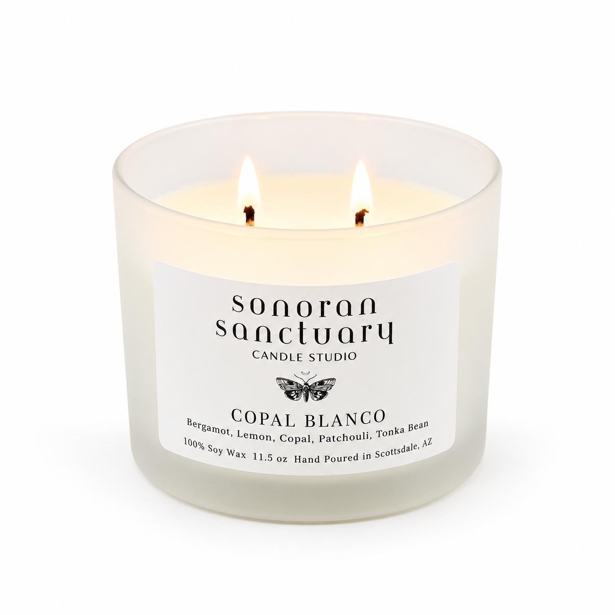 Copal Blanco 11.5 oz double-wick soy candle in a frosted glass tumbler by Sonoran Sanctuary