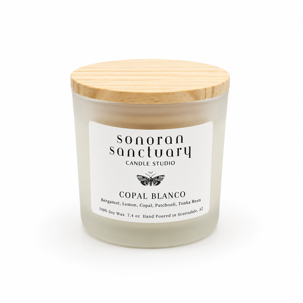 Copal Blanco 7.4 oz single-wick soy candle with natural pine lid