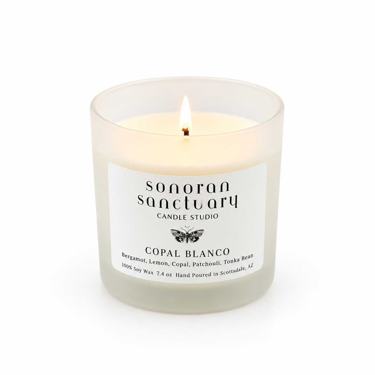 Copal Blanco 7.4 oz single-wick soy candle in a frosted glass tumbler by Sonoran Sanctuary