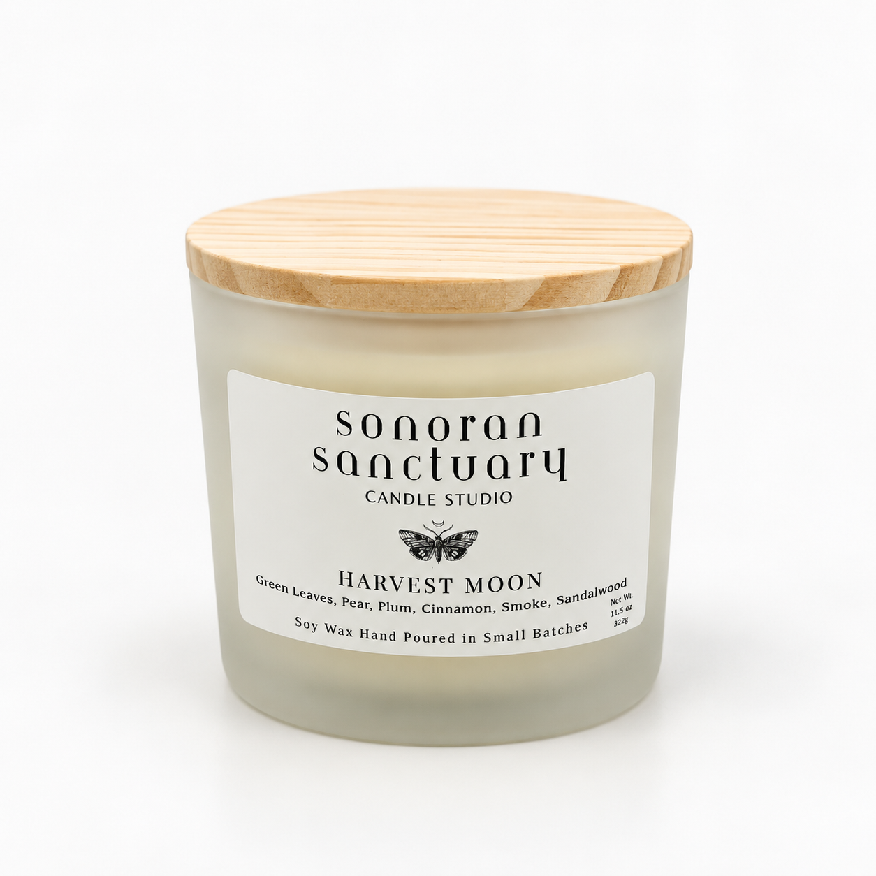 Harvest Moon 11.5 oz double-wick soy candle with lid in frosted faded glass