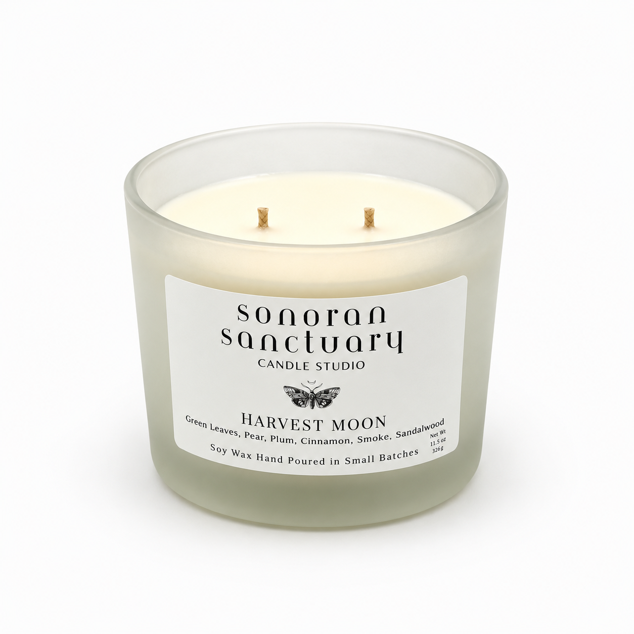 Harvest Moon 11.5 oz double-wick soy candle in frosted faded glass