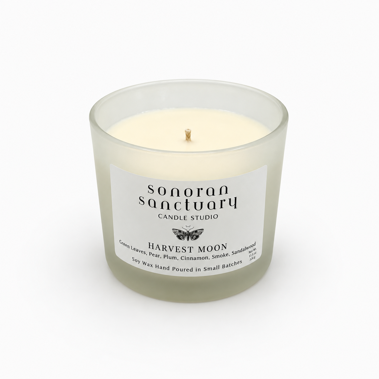 Harvest Moon 7.4 oz single-wick soy candle in frosted faded glass