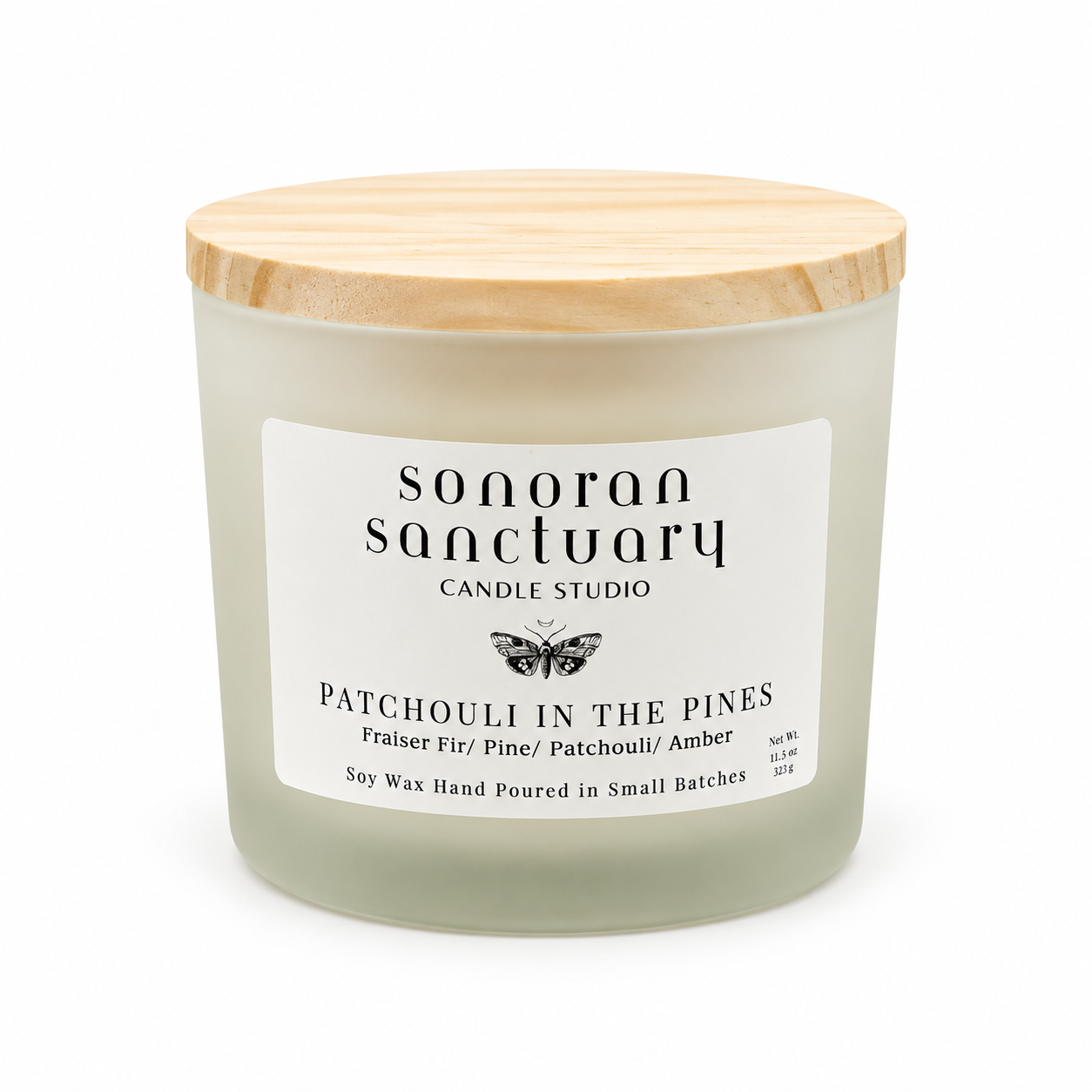 Patchouli in the Pines 11.5 oz double-wick soy candle with natural pine wood lid