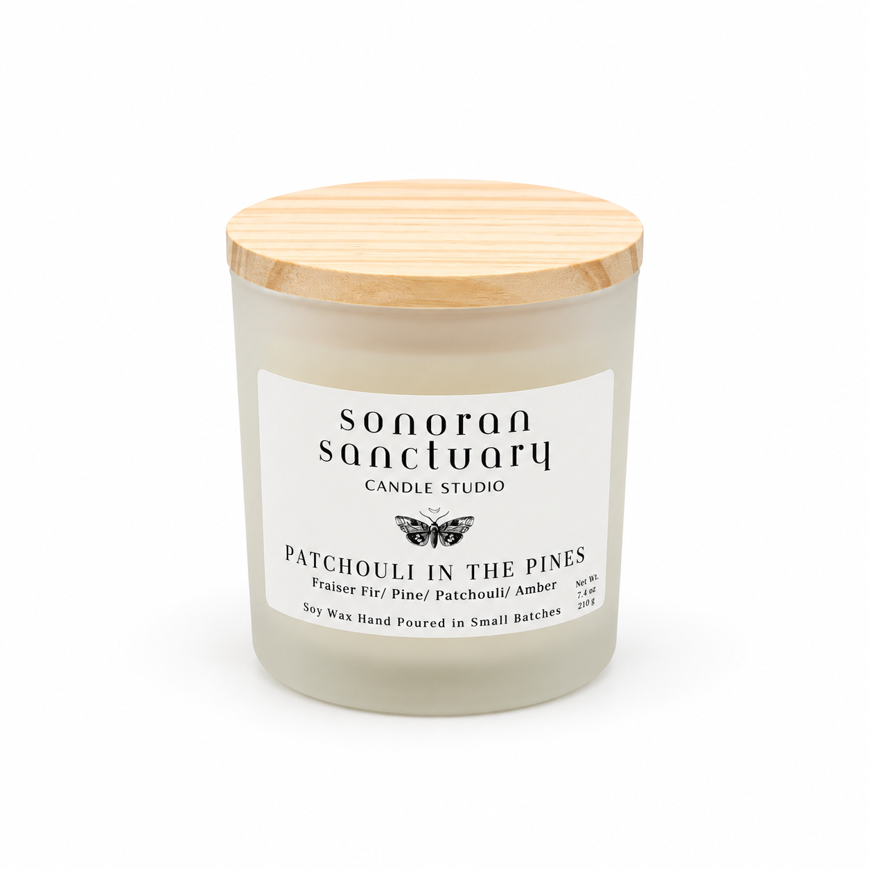 Patchouli in the Pines 7.4 oz single-wick soy candle with natural pine wood lid