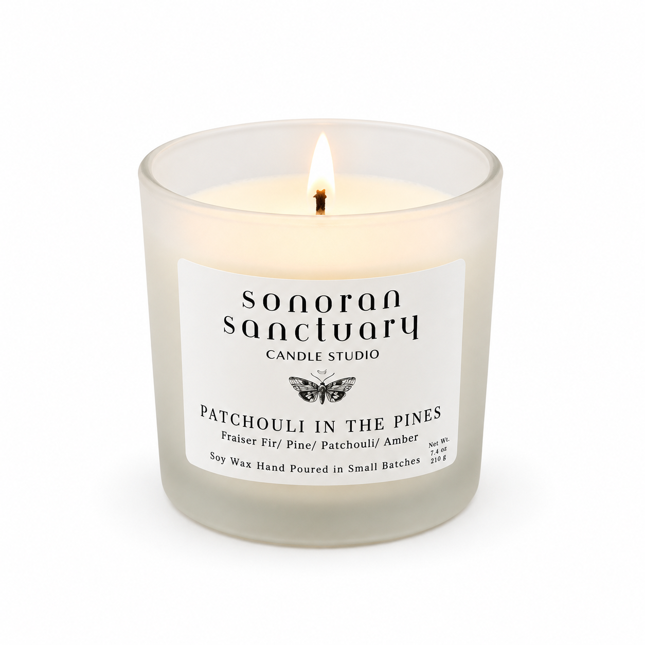 Patchouli in the Pines 7.4 oz single-wick soy candle in a frosted glass tumbler