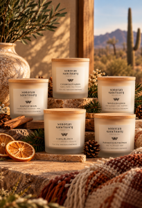 Sonoran Sanctuary 2026 Fall/Winter Collection featuring five hand-poured soy candles in a warm Sonoran Desert setting with seasonal botanicals