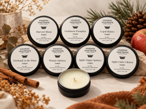 Sonoran Sanctuary fall and winter sample tin soy candle collection featuring eight hand-poured fragrances