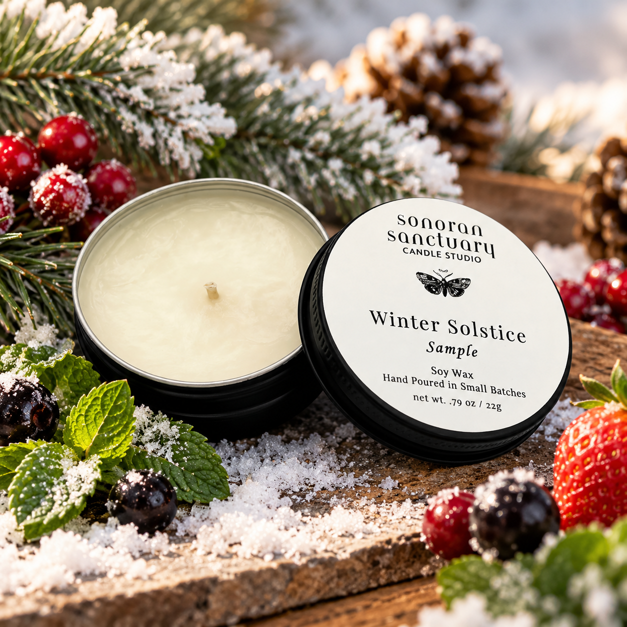 Sonoran Sanctuary Winter Solstice soy candle sample tin with original branded lid, surrounded by frosted mint leaves, black currants and strawberries